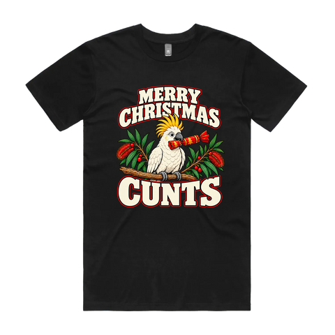 Merry Christmas Cunts Black front flat lay