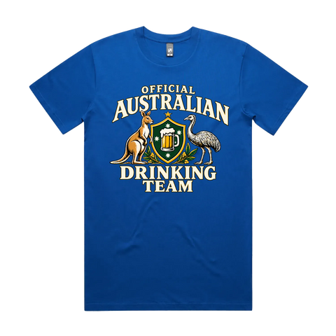 Official Australian Drinking Team Bright Royal front flat lay