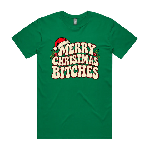 Merry Christmas Bitches Kelly Green front flat lay