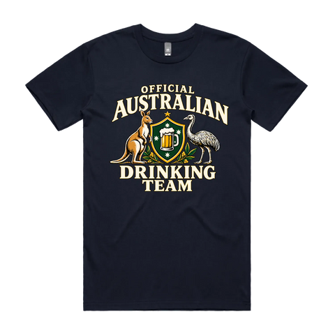 Official Australian Drinking Team Navy front flat lay